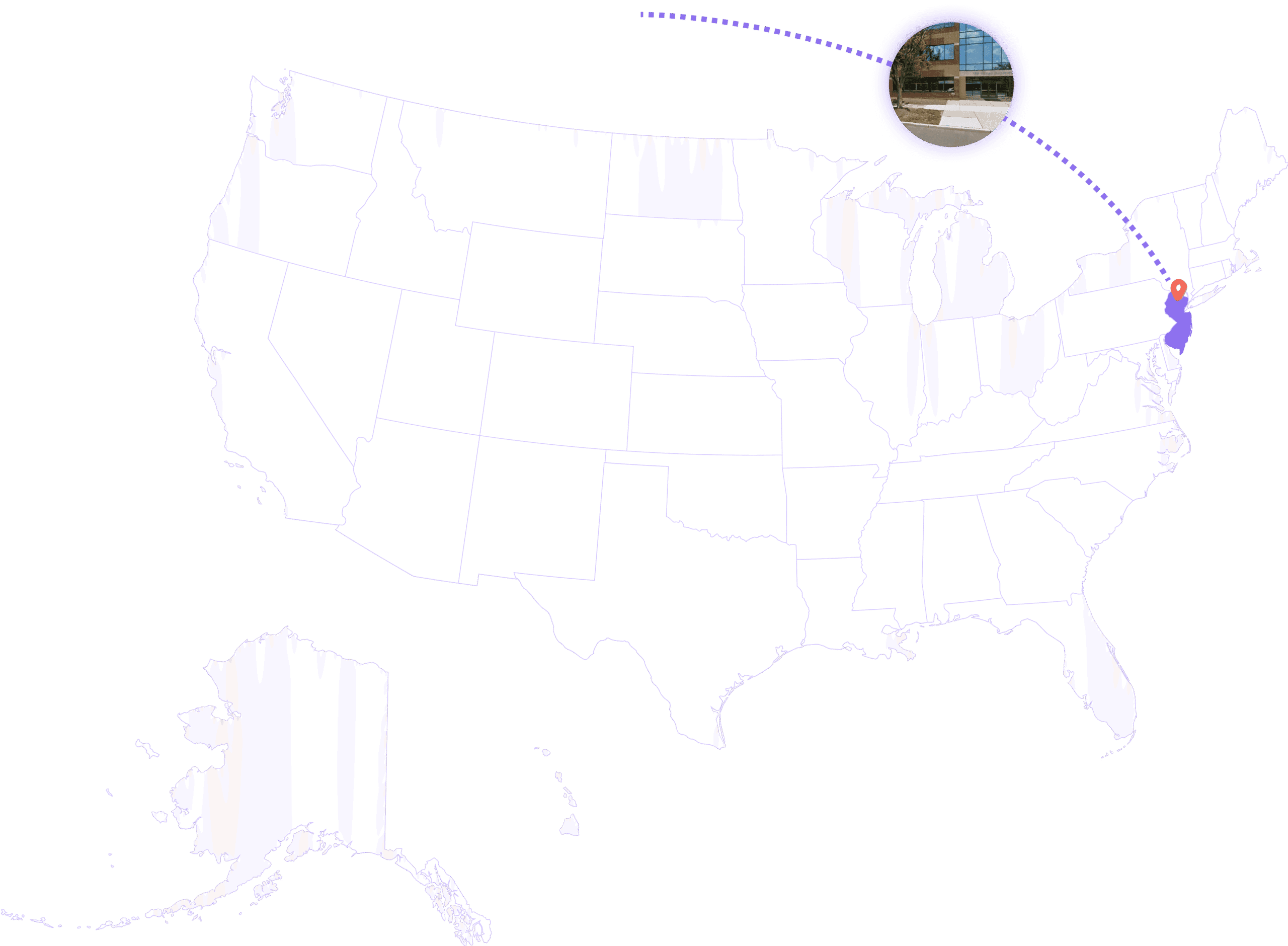 Map of the USA highlighting the office location of AllDigital Specialty in Princeton, New Jersey
